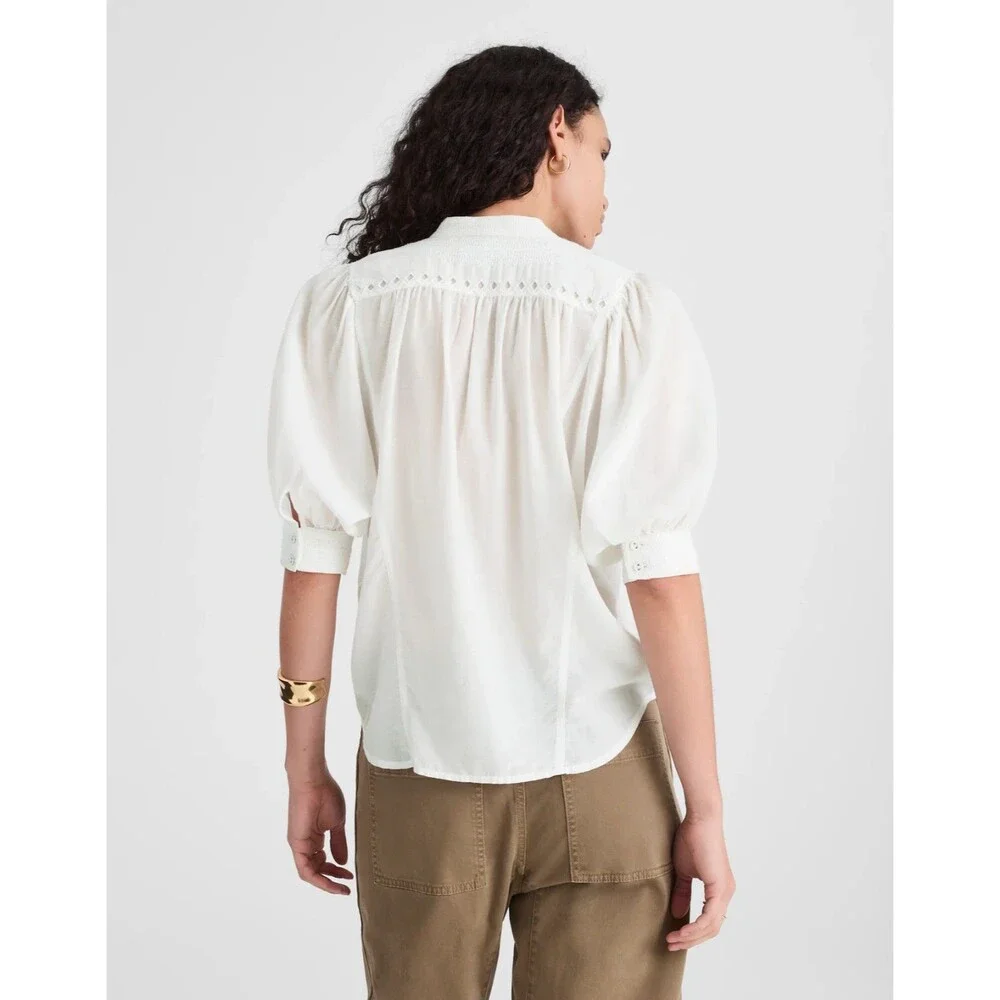 Madewell Sz 0 Puff Sleeve Band Collar Shirt White Button Front Embroidered NWT